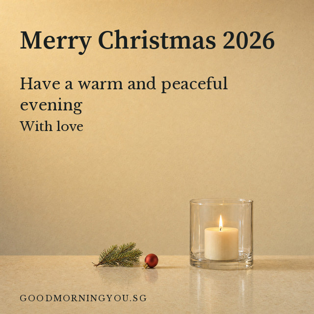 Merry Christmas card with a lit candle in a glass beside a pine sprig and a small red bauble