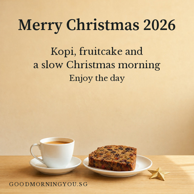 Merry Christmas card with a cup of kopi, a slice of fruitcake and a small gold star