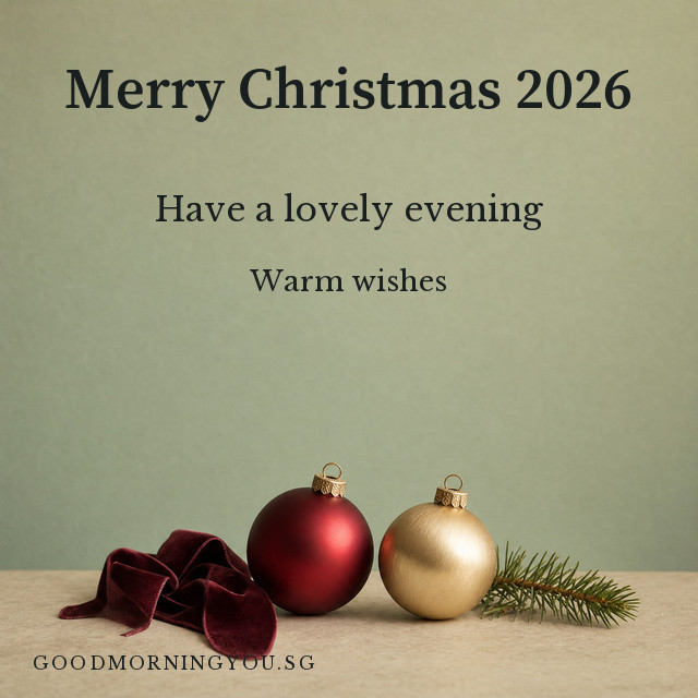 Merry Christmas card with a red and a gold bauble, a velvet ribbon and a pine sprig