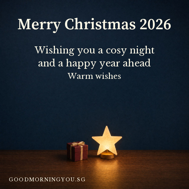 Merry Christmas card with a glowing star lamp and a small wrapped present at night