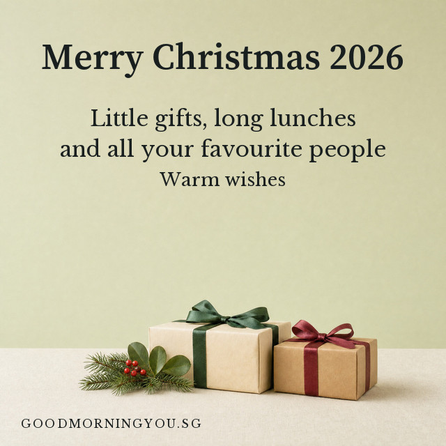 Merry Christmas card with two wrapped presents tied with green and red ribbon beside a sprig of berries