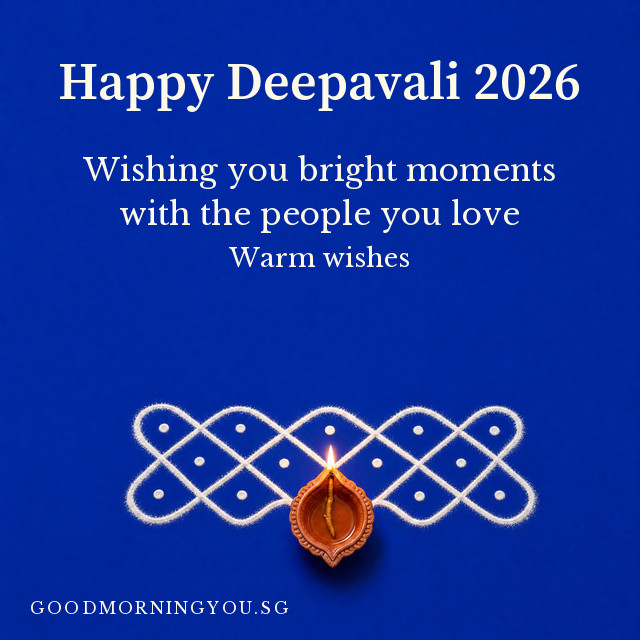 Happy Deepavali card with a lit clay diya and white kolam on a cobalt-blue surface
