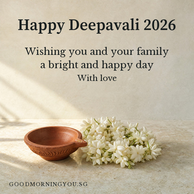 Happy Deepavali card with a clay oil lamp and fresh jasmine in morning light