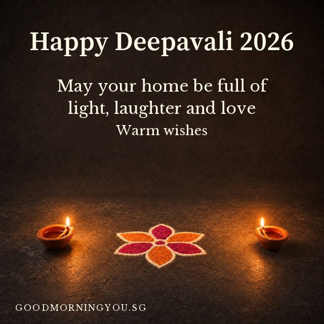 Happy Deepavali card with a flower rangoli between two lit clay lamps at night