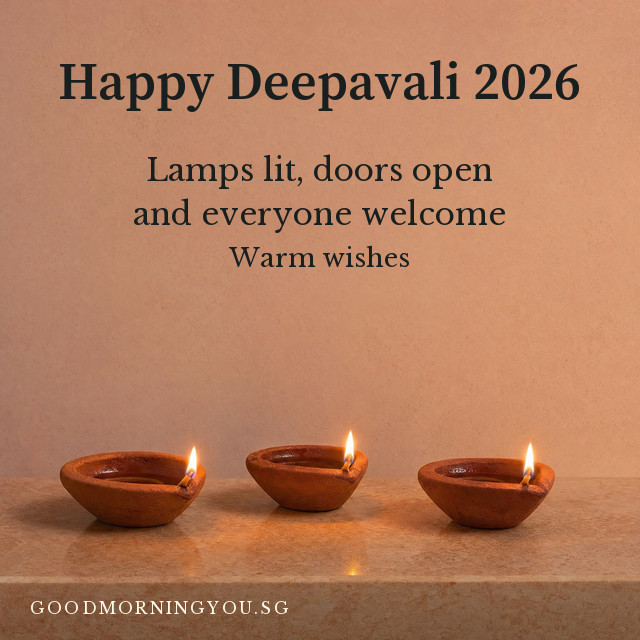 Happy Deepavali card with three lit clay lamps on a stone ledge
