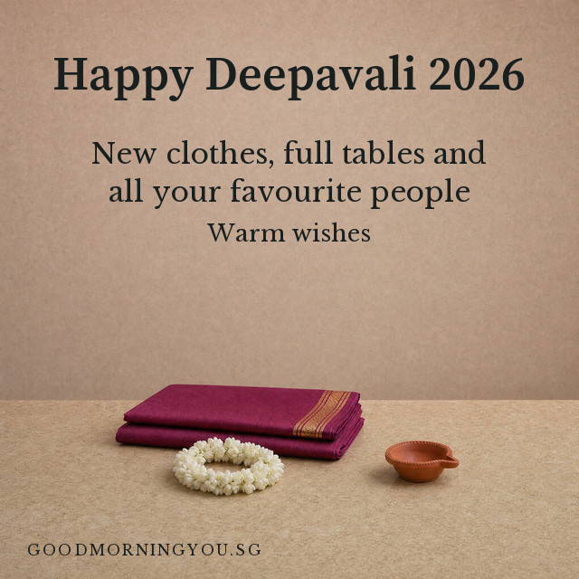 Happy Deepavali card with a folded silk sari, a jasmine garland and a clay lamp