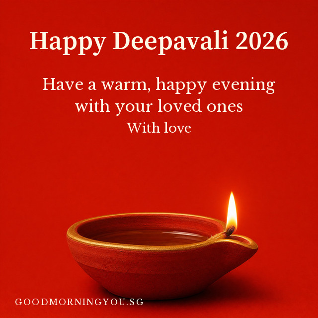 Happy Deepavali card with a lit clay diya against a vermilion backdrop