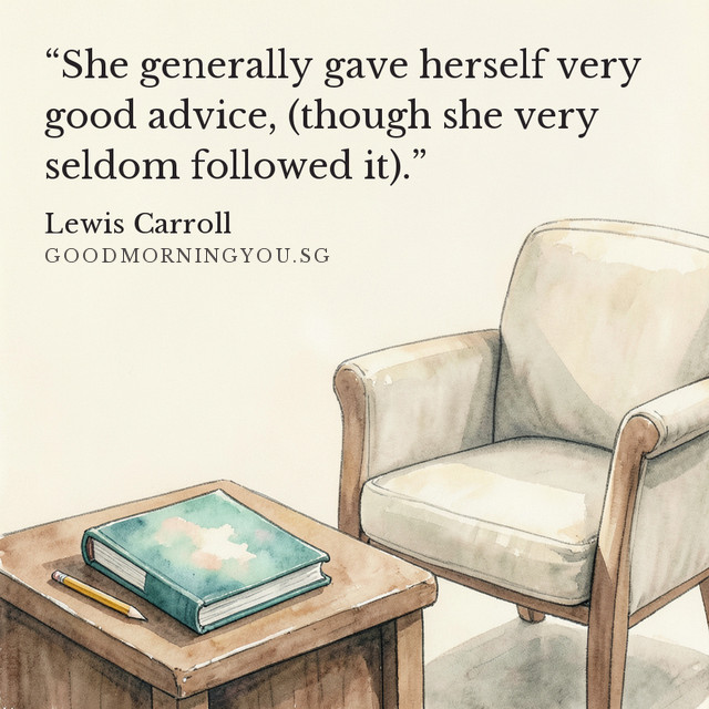 A notebook and pencil on a wooden table beside a pale armchair. “She generally gave herself very good advice, (though she very seldom followed it).” — Lewis Carroll