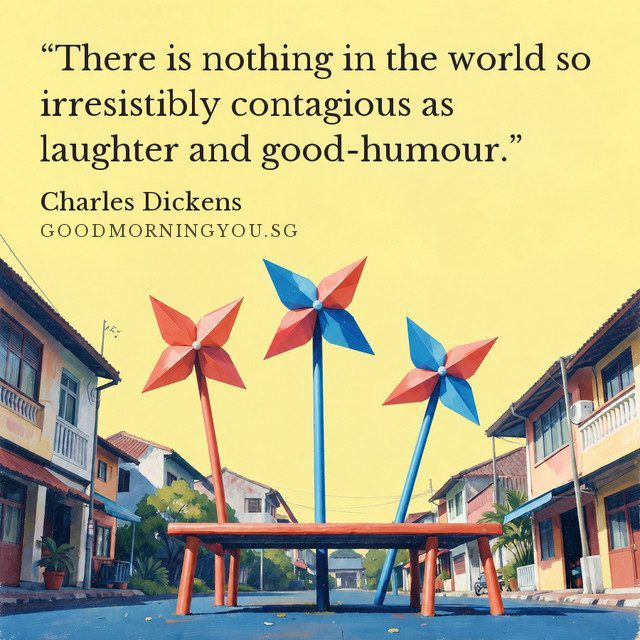 Three colourful pinwheels mounted above a coral bench against a yellow wall. “There is nothing in the world so irresistibly contagious as laughter and good-humour.” — Charles Dickens