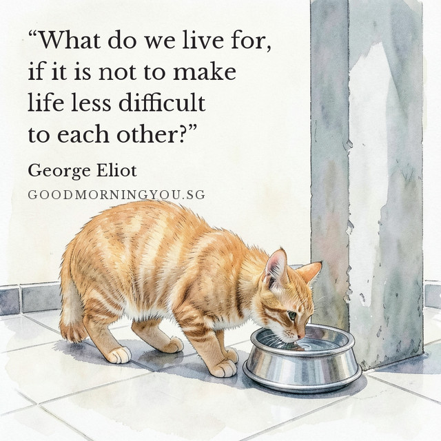 A ginger cat drinking from a steel water bowl beside a grey void-deck pillar. “What do we live for, if it is not to make life less difficult to each other?” — George Eliot