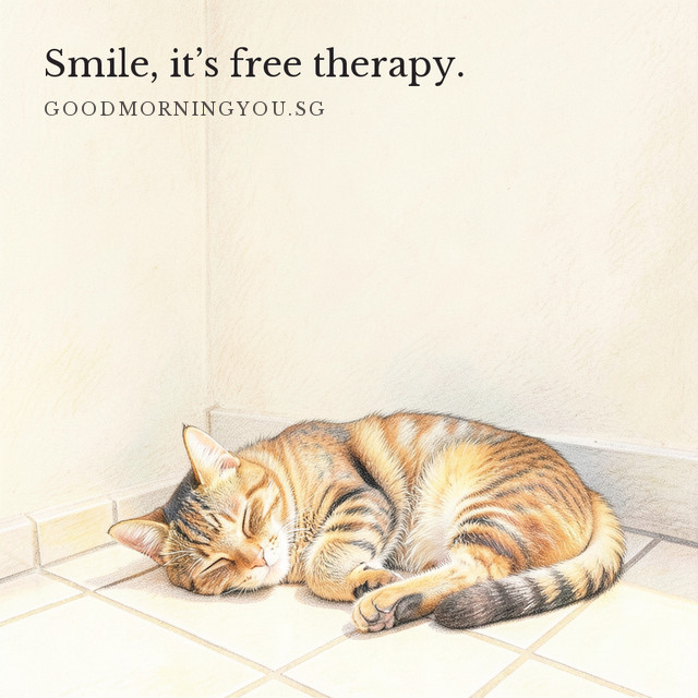 A tabby cat curled up asleep on sunlit floor tiles. Smile, it’s free therapy.
