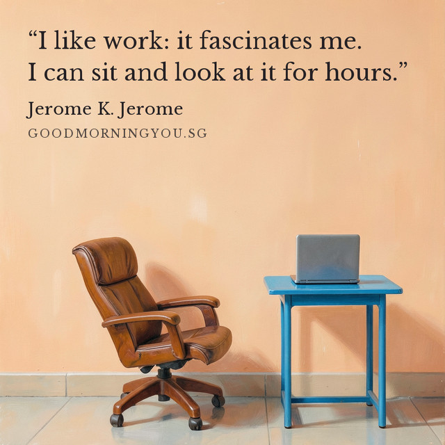 An empty brown office chair beside a laptop on a blue desk. “I like work: it fascinates me. I can sit and look at it for hours.” — Jerome K. Jerome