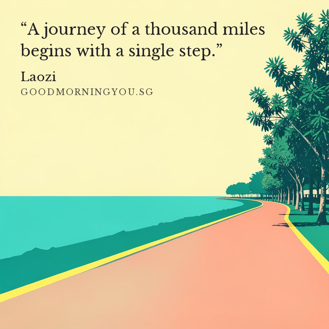 A coral seaside path curving past sea-almond trees beside a teal sea under a pale yellow sky. “A journey of a thousand miles begins with a single step.” — Laozi