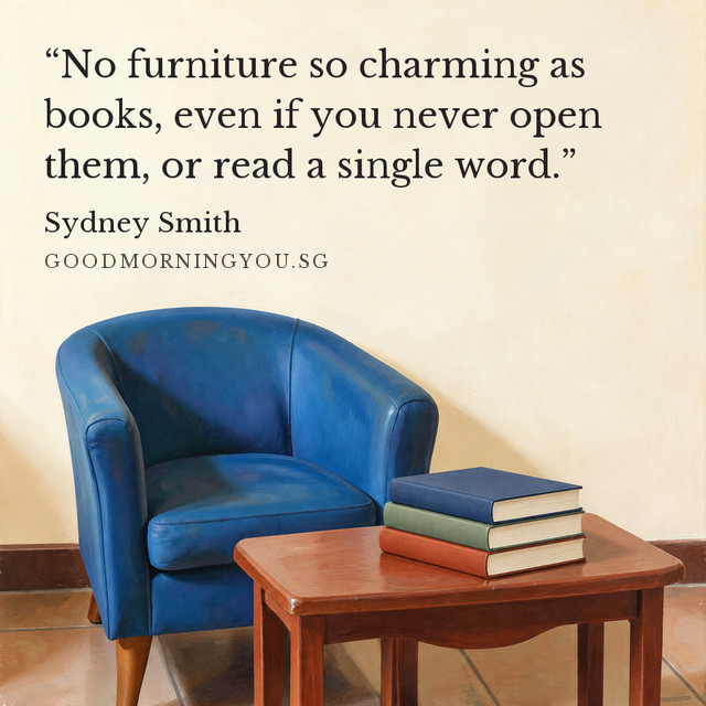 Three closed books on a rust-coloured table beside a cobalt chair. “No furniture so charming as books, even if you never open them, or read a single word.” — Sydney Smith