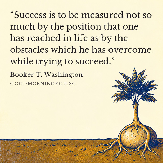A small blue-and-gold tree with roots growing around a stone. “Success is to be measured not so much by the position that one has reached in life as by the obstacles which he has overcome while trying to succeed.” — Booker T. Washington
