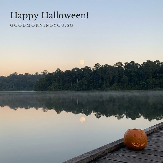 A carved jack-o'-lantern on a wooden boardwalk beside a still reservoir at dawn, a pale full moon over the rainforest mirrored in the water, with the words "Happy Halloween!"