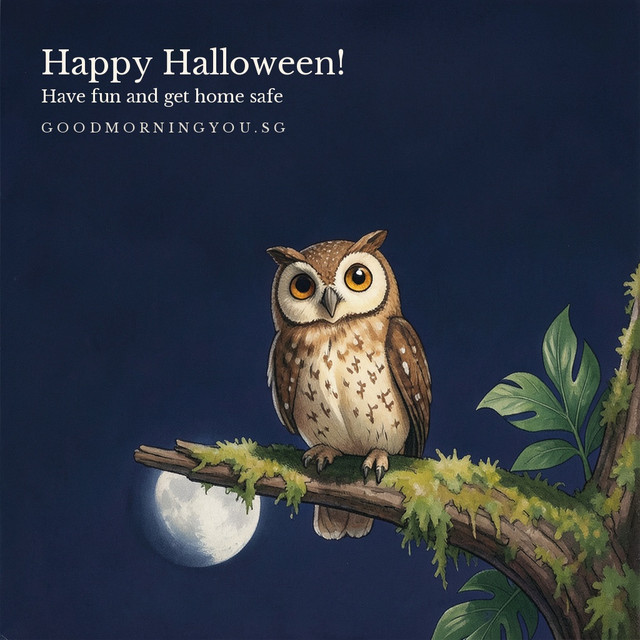 A round brown owl with big amber eyes perched on a mossy branch under a low full moon against a deep navy night sky, illustrated in gouache, with the words "Happy Halloween! Have fun and get home safe"