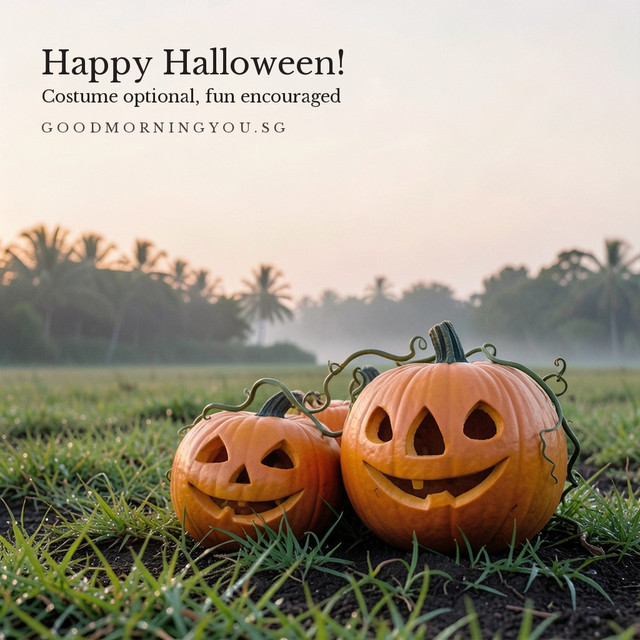 Two carved jack-o'-lanterns with grinning faces on dewy grass in an open field at dawn, misty palms behind under a pale peach sky, with the words "Happy Halloween! Costume optional, fun encouraged"